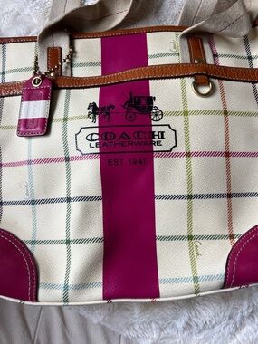 COACH Cream Tote with Fuchsia Center Stripe